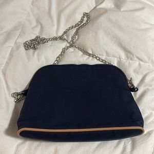 Hermes canvas logo’d makeup bag clutch w/leather piping/zipper Silver chain incl